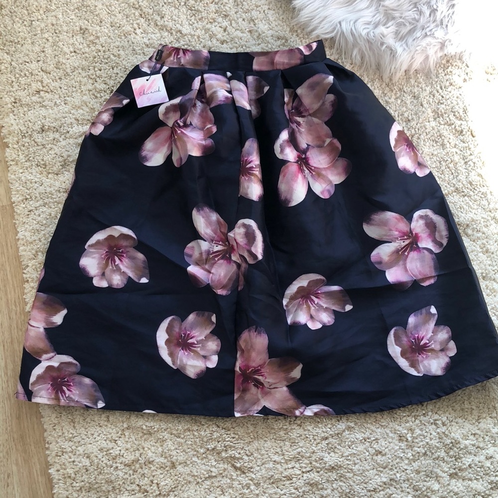 Navy blue with pink flowers midi skirt